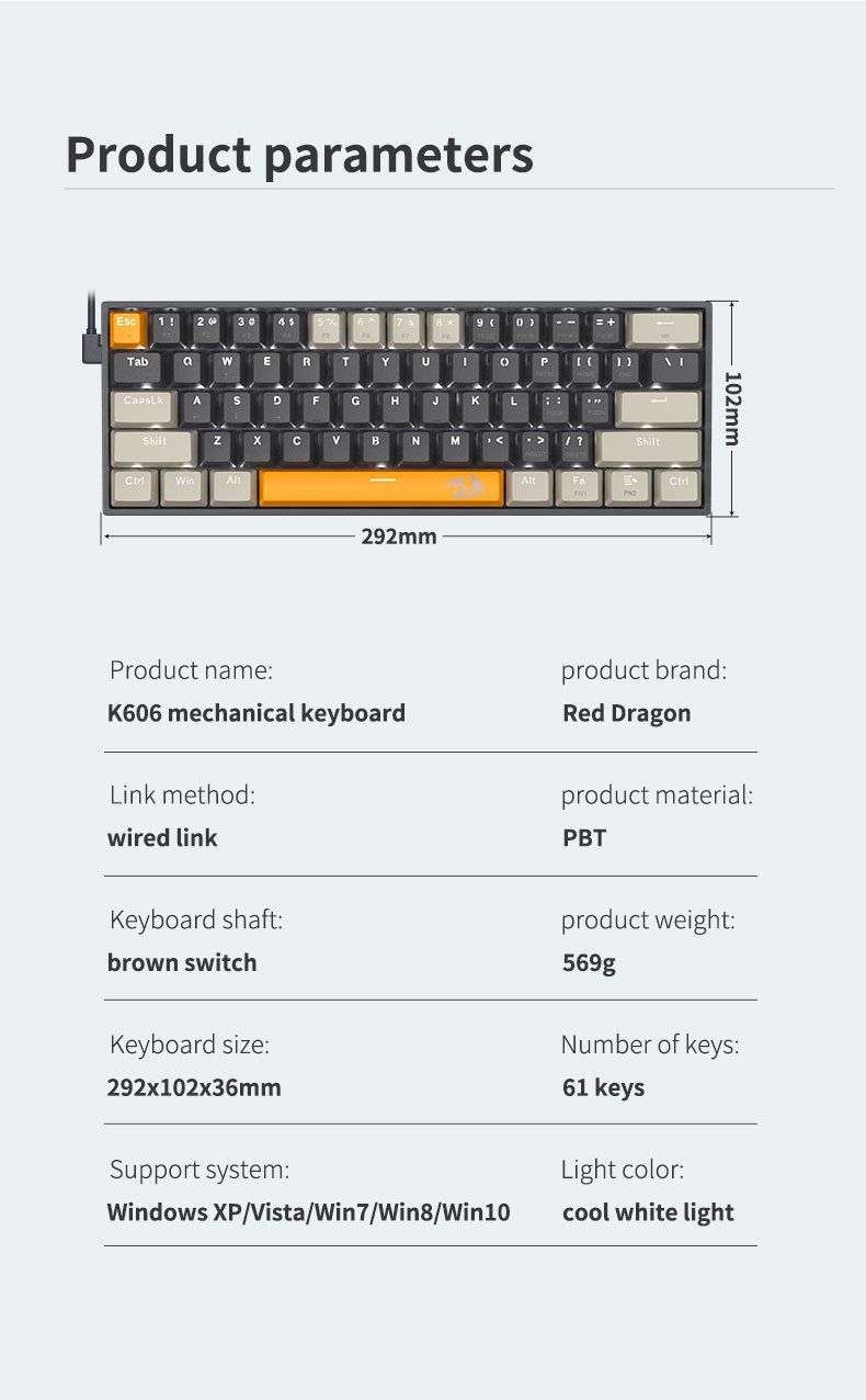 Redragon K606 USB Mini Mechanical Gaming Keyboard Brown Switch 61 Keys Wired Detachable Cable,Portable for travel Redragon K606 USB Mini Mechanical Gaming Keyboard Brown Switch 61 Keys Wired Detachable Cable,Portable for travel