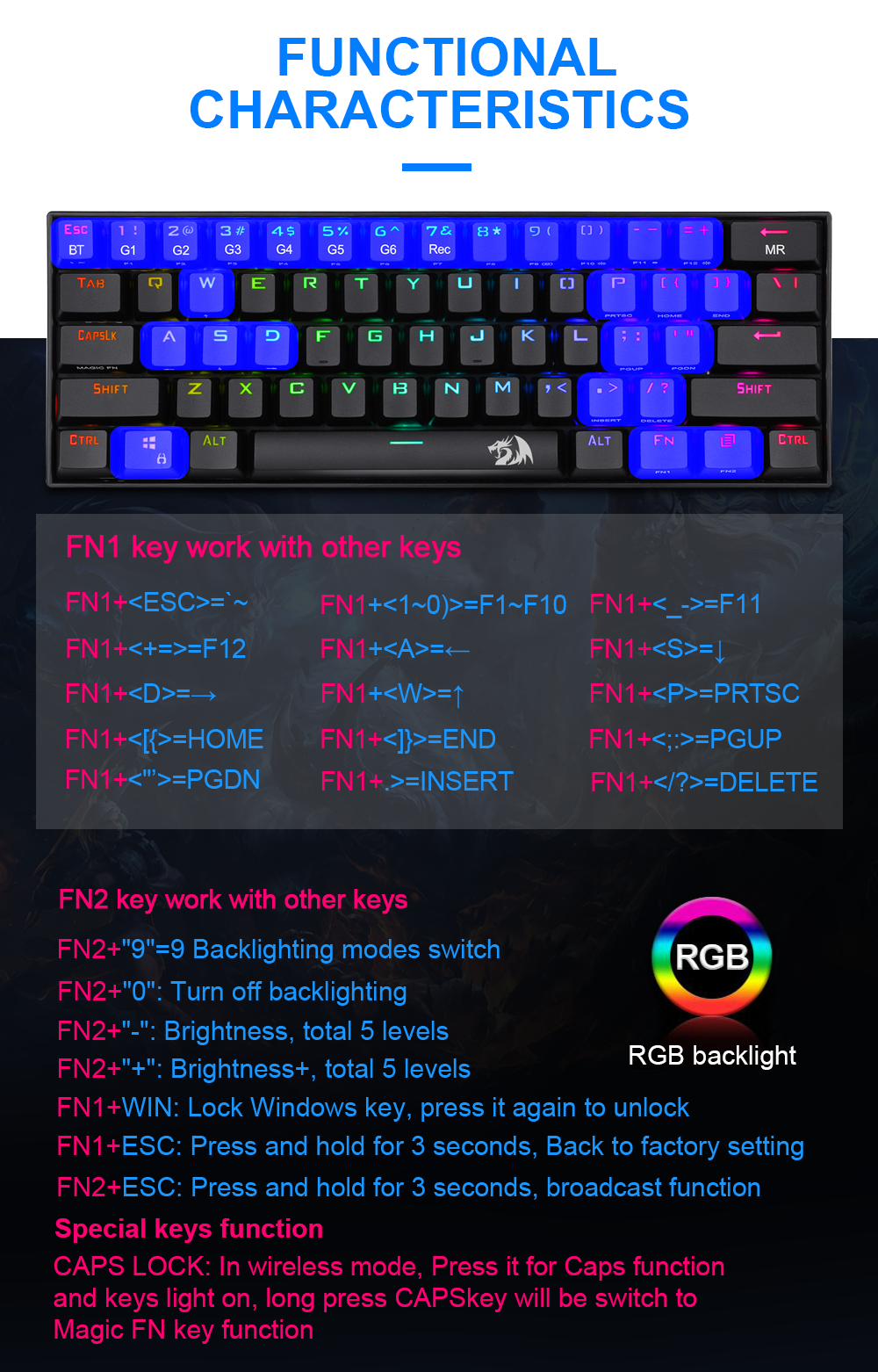 Redragon Draconic K530 RGB Support Bluetooth 5.0 wireless USB Dual mode Mechanical Gaming Keyboard 61 Keys Compute Redragon Draconic K530 RGB Support Bluetooth 5.0 wireless USB Dual mode Mechanical Gaming Keyboard 61 Keys Compute