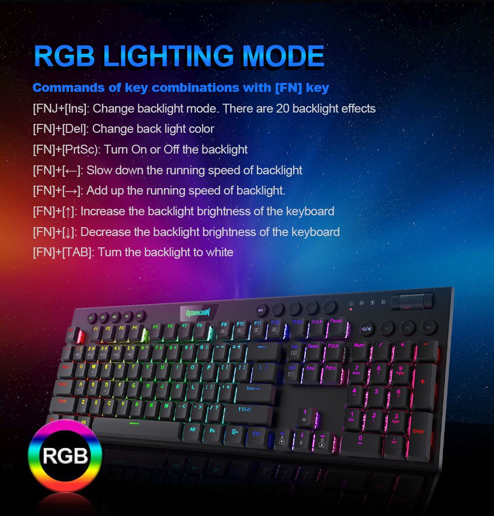 Redragon Horus K618 RGB support Bluetooth 5.0 wireless USB 2.4G 3 mode Mechanical Gaming Keyboard 104 Keys Compute PC Redragon Horus K618 RGB support Bluetooth 5.0 wireless USB 2.4G 3 mode Mechanical Gaming Keyboard 104 Keys Compute PC