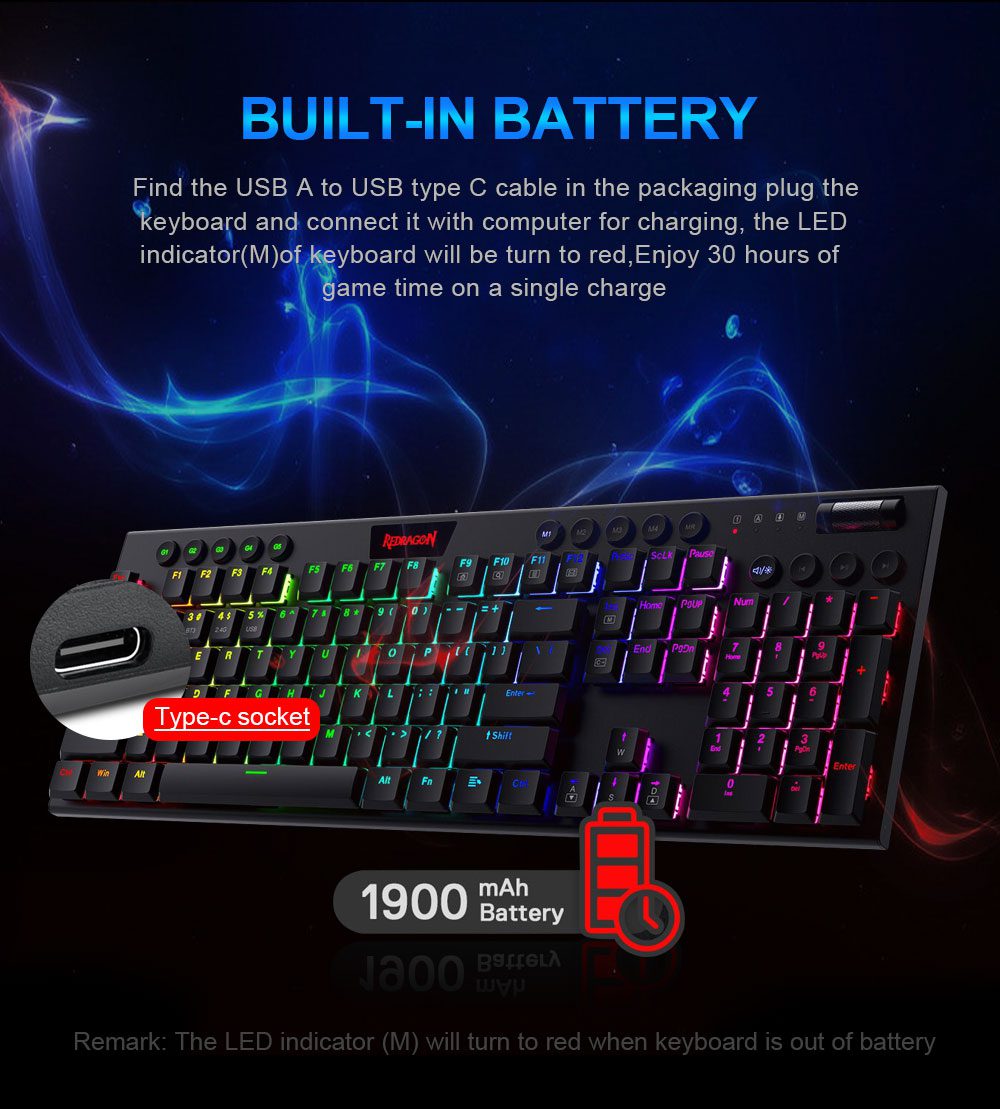 Redragon Horus K618 RGB support Bluetooth 5.0 wireless USB 2.4G 3 mode Mechanical Gaming Keyboard 104 Keys Compute PC Redragon Horus K618 RGB support Bluetooth 5.0 wireless USB 2.4G 3 mode Mechanical Gaming Keyboard 104 Keys Compute PC