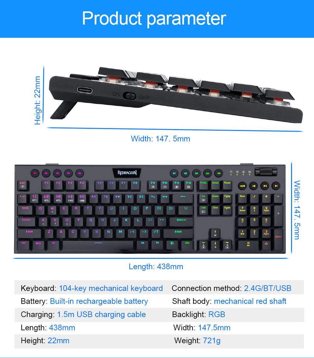 Redragon Horus K618 RGB support Bluetooth 5.0 wireless USB 2.4G 3 mode Mechanical Gaming Keyboard 104 Keys Compute PC Redragon Horus K618 RGB support Bluetooth 5.0 wireless USB 2.4G 3 mode Mechanical Gaming Keyboard 104 Keys Compute PC