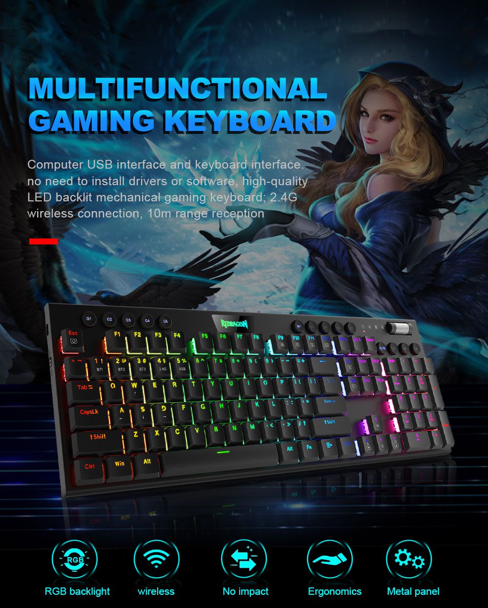 Redragon Horus K618 RGB support Bluetooth 5.0 wireless USB 2.4G 3 mode Mechanical Gaming Keyboard 104 Keys Compute PC Redragon Horus K618 RGB support Bluetooth 5.0 wireless USB 2.4G 3 mode Mechanical Gaming Keyboard 104 Keys Compute PC
