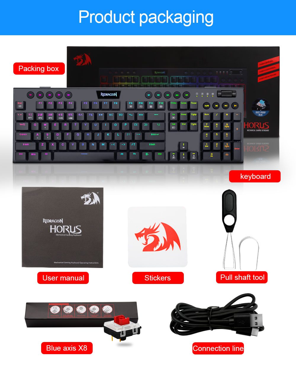 Redragon Horus K618 RGB support Bluetooth 5.0 wireless USB 2.4G 3 mode Mechanical Gaming Keyboard 104 Keys Compute PC Redragon Horus K618 RGB support Bluetooth 5.0 wireless USB 2.4G 3 mode Mechanical Gaming Keyboard 104 Keys Compute PC