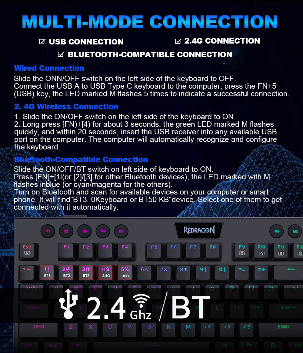 Redragon Horus K618 RGB support Bluetooth 5.0 wireless USB 2.4G 3 mode Mechanical Gaming Keyboard 104 Keys Compute PC Redragon Horus K618 RGB support Bluetooth 5.0 wireless USB 2.4G 3 mode Mechanical Gaming Keyboard 104 Keys Compute PC
