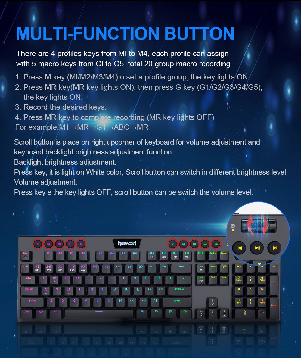 Redragon Horus K618 RGB support Bluetooth 5.0 wireless USB 2.4G 3 mode Mechanical Gaming Keyboard 104 Keys Compute PC Redragon Horus K618 RGB support Bluetooth 5.0 wireless USB 2.4G 3 mode Mechanical Gaming Keyboard 104 Keys Compute PC
