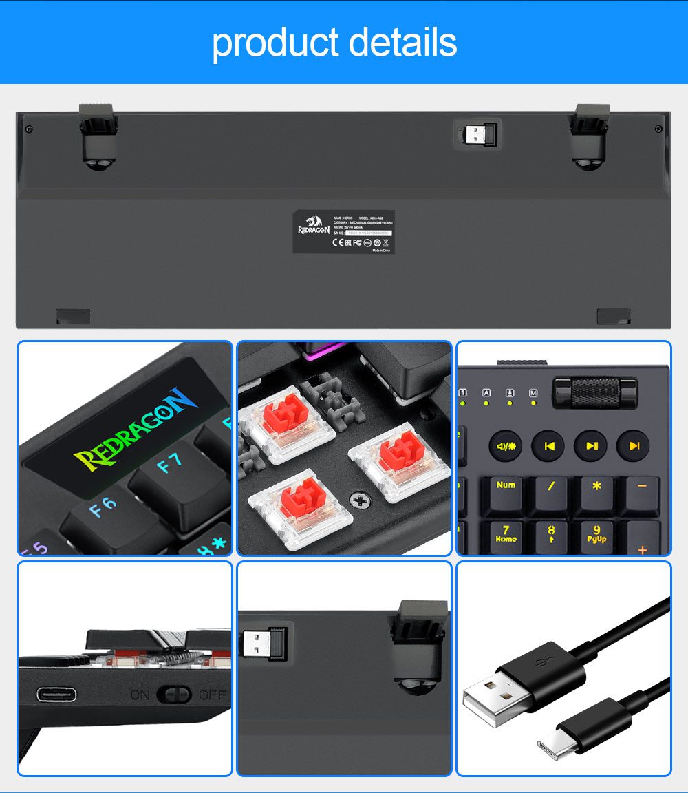 Redragon Horus K618 RGB support Bluetooth 5.0 wireless USB 2.4G 3 mode Mechanical Gaming Keyboard 104 Keys Compute PC Redragon Horus K618 RGB support Bluetooth 5.0 wireless USB 2.4G 3 mode Mechanical Gaming Keyboard 104 Keys Compute PC