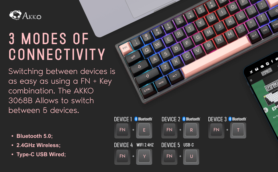 AKKO 3068B Plus Hot Swappable RGB Mechanical Gaming Keyboard Bluetooth 5.0/2.4Ghz/USB-C Wired Keyboard for Mac/Wins
