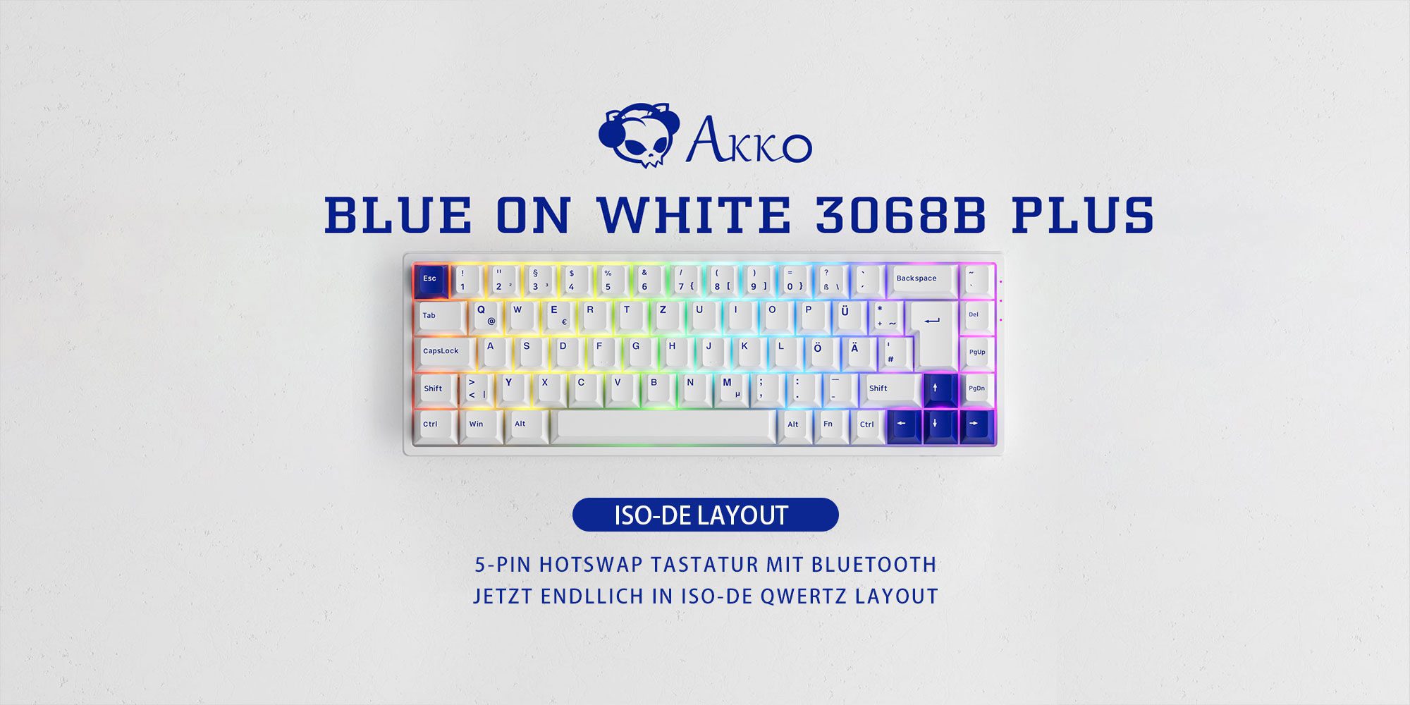 Akko 3068B Plus Blue on White ISO DE/UK/Nordic Layout RGB Hot-Swap Wireless Mechanical Gaming Keyboard BT 5.0/2.4Ghz/USB-C Akko 3068B Plus Blue on White ISO DE/UK/Nordic Layout RGB Hot-Swap Wireless Mechanical Gaming Keyboard BT 5.0/2.4Ghz/USB-C