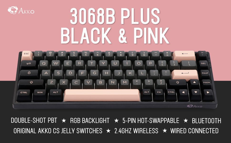 Akko 3068B Plus Black&Pink RGB Backlit Hot-Swap Wireless Mechanical Gaming Keyboard 68-Key Multi-Modes BT 5.0/2.4GHz/USB Type-C Akko 3068B Plus Black&Pink RGB Backlit Hot-Swap Wireless Mechanical Gaming Keyboard 68-Key Multi-Modes BT 5.0/2.4GHz/USB Type-C