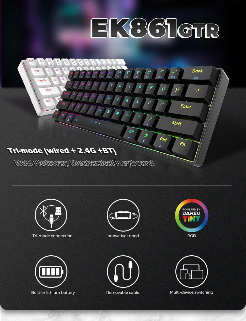 DAREU 61 Keys Mini Mechanical Keyboard Hot-swap Tri-mode Bluetooth Wireless USB Wired RGB Gaming Keyboard Portable for Travel DAREU EK861GTR 61 Keys Mini Mechanical Keyboard Hot-swap Tri-mode Bluetooth Wireless USB Wired RGB Gaming Keyboard Portable for Travel