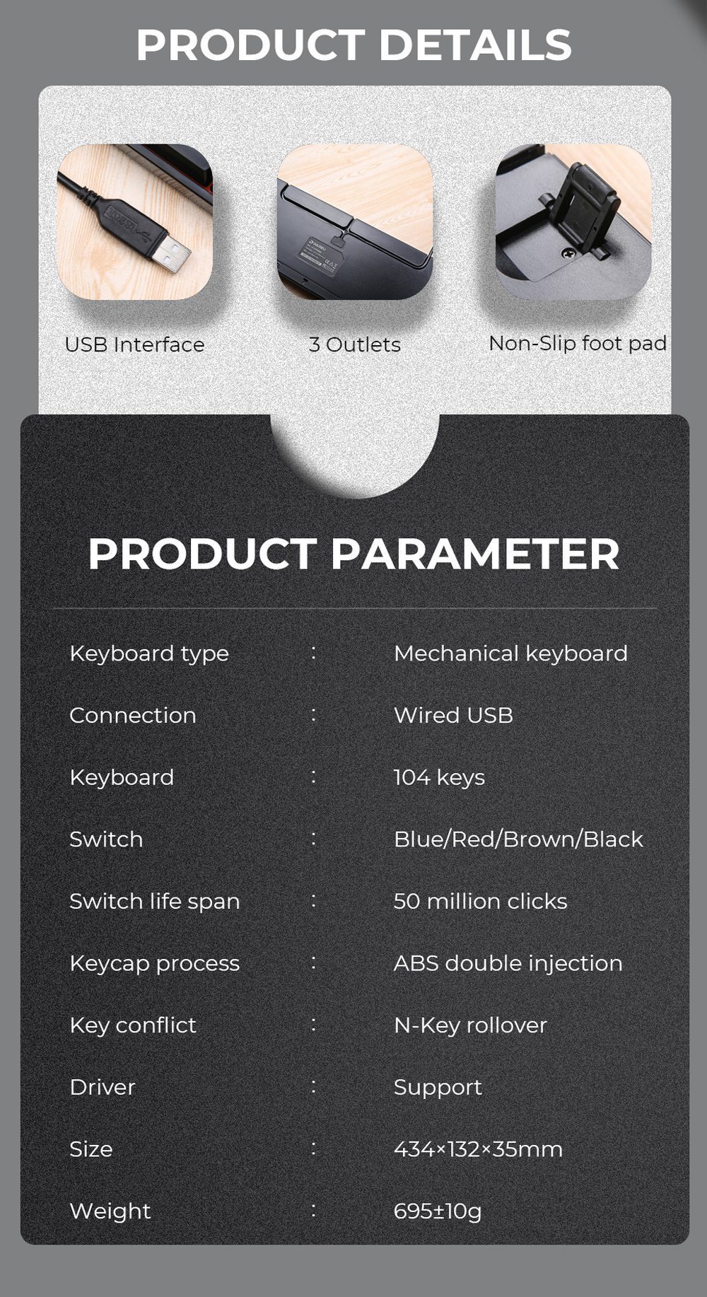 DAREU Wired Mechanical Keyboard Ergonomic RGB Backlight Gaming Keyboard with Multimedia Buttons Full Key Conflict-free DAREU Wired Mechanical Keyboard Ergonomic RGB Backlight Gaming Keyboard with Multimedia Buttons Full Key Conflict-free