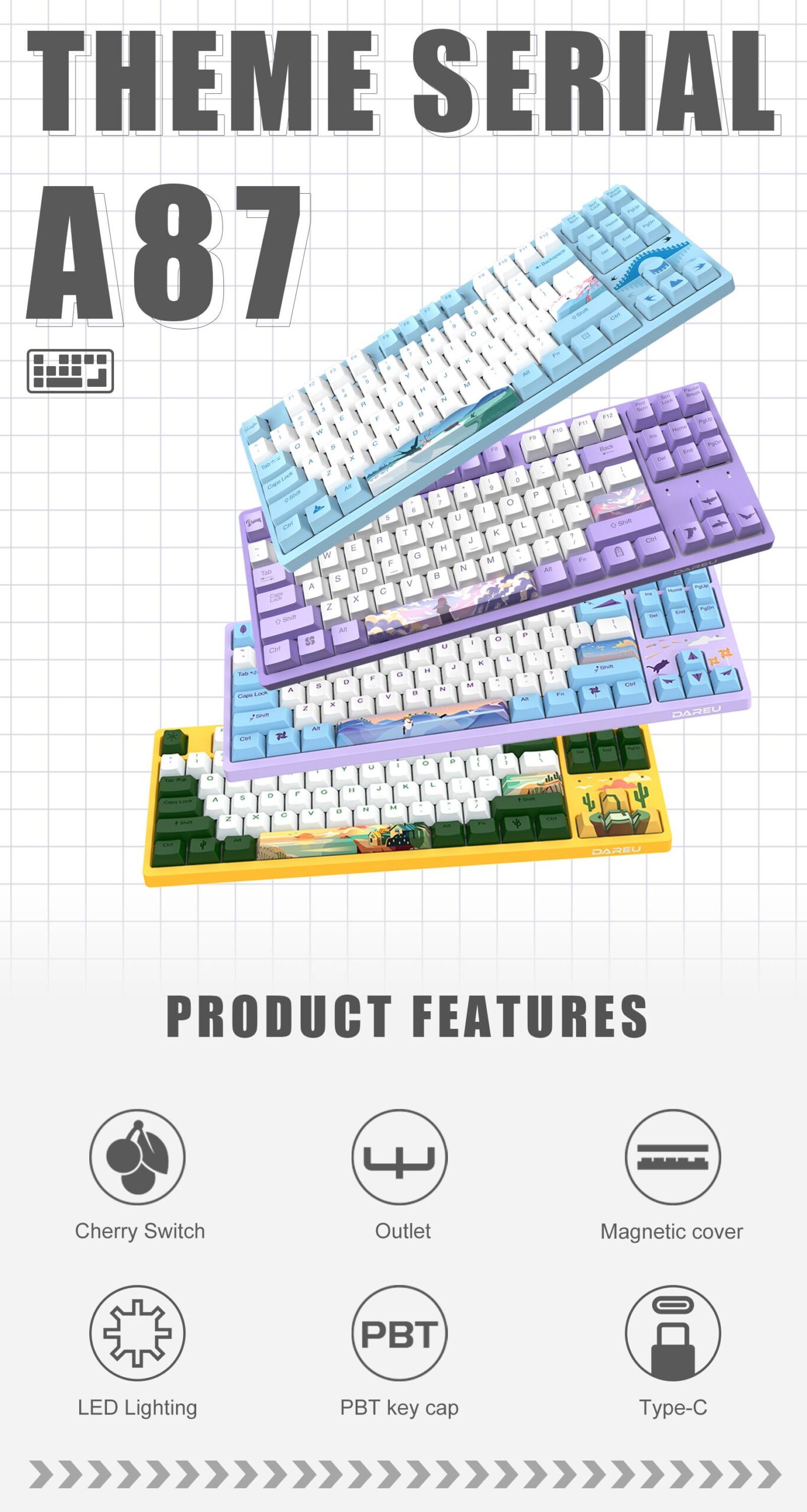 DAREU 87 Keys Wired Mechanical Keyboard Cherry MX Switch PBT Keycaps N-Key Rollover Icy Blue Backlight Gaming Keyboard DAREU A87L