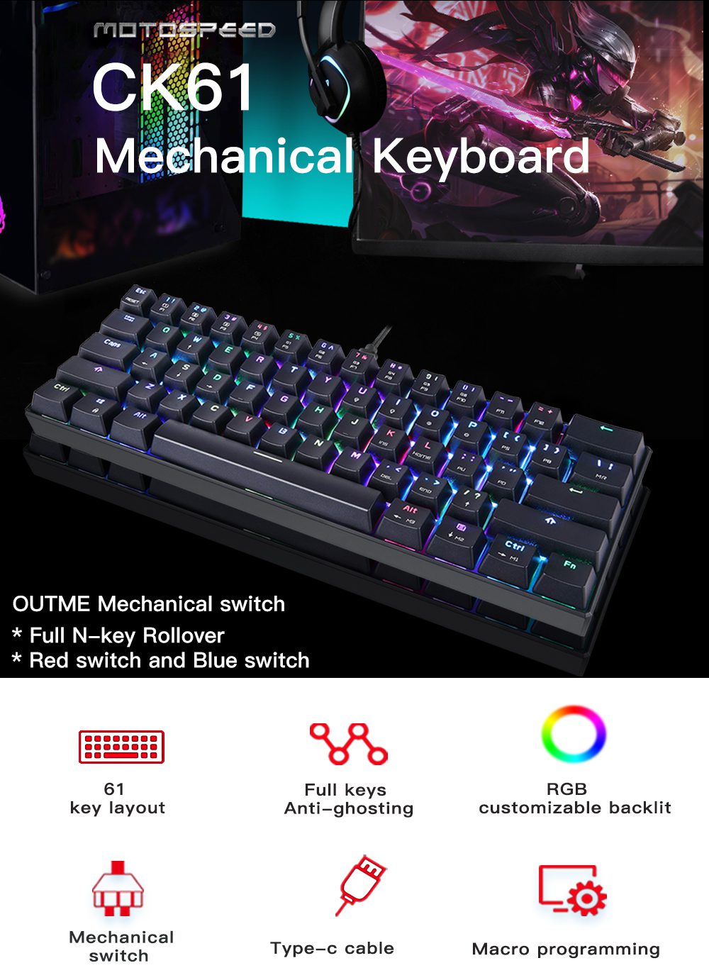 Motospeed CK61 Mechanical Keyboards 61keys RGB Backlit Wired Office Gaming Keypad Anti-ghosting Installable Drive For PC Laptop Motospeed CK61 Mechanical Keyboards 61keys RGB Backlit Wired Office Gaming Keypad Anti-ghosting Installable Drive For PC Laptop