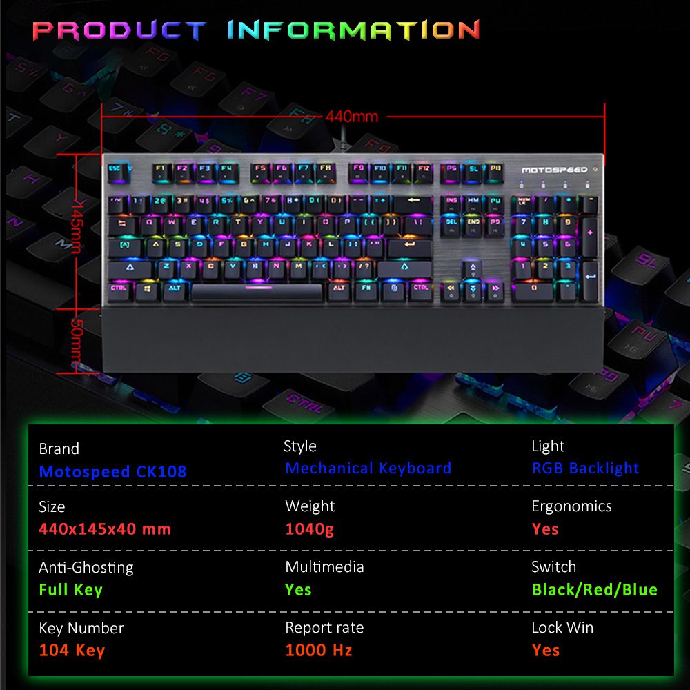 Original Motospeed CK108 RGB Blue Switch Mechanical Russian Keyboard Gaming Wired LED Backlit Anti-Ghosting for Gamer PC Desktop Original Motospeed CK108 RGB Blue Switch Mechanical Russian Keyboard Gaming Wired LED Backlit Anti-Ghosting for Gamer PC Desktop