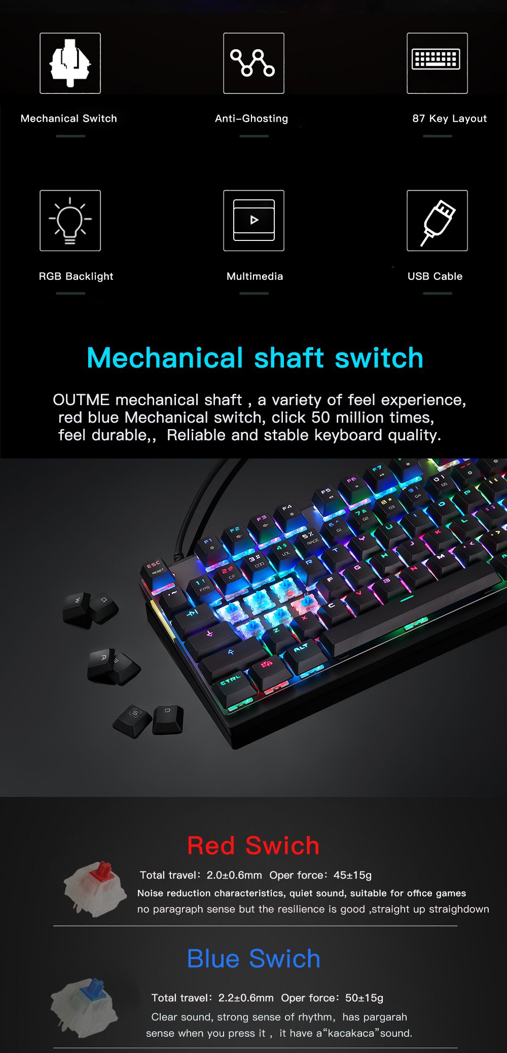 Motospeed CK82 Gaming Mechanical Keyboard RGB Backlight USB Wired 87 Key Red Blue Switch Keypads Anti-Ghosting For PC Laptop Motospeed CK82 Gaming Mechanical Keyboard RGB Backlight USB Wired 87 Key Red Blue Switch Keypads Anti-Ghosting For PC Laptop