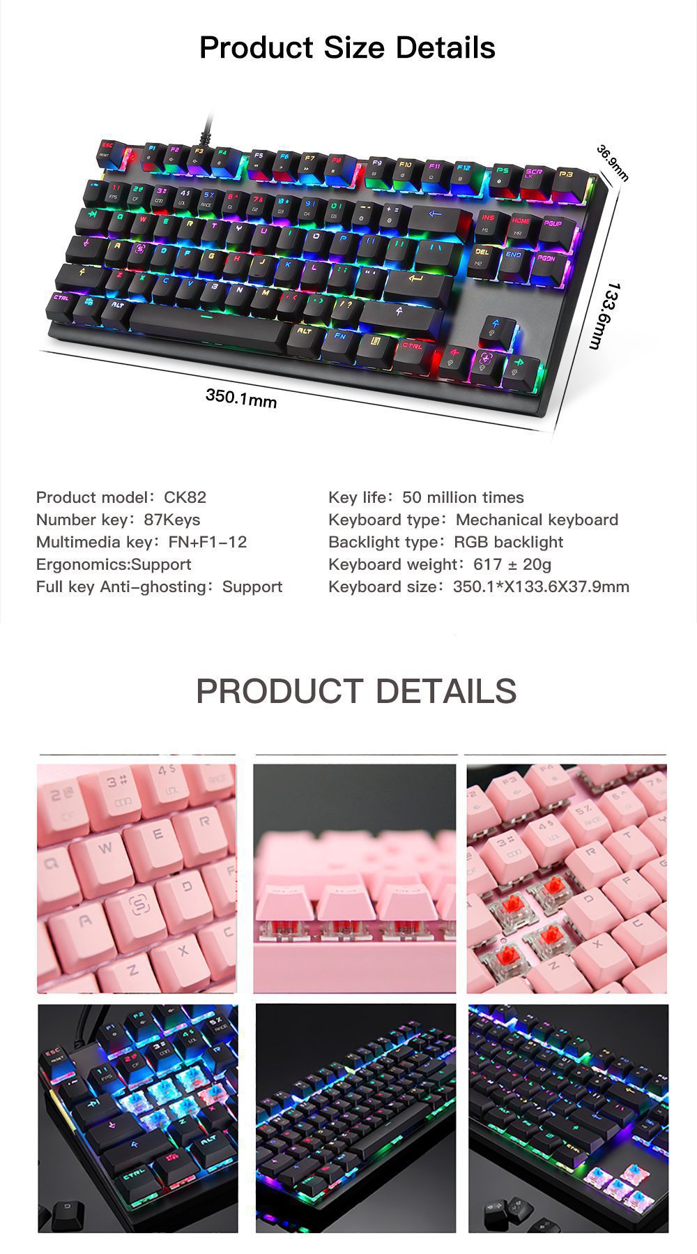Motospeed CK82 Gaming Mechanical Keyboard RGB Backlight USB Wired 87 Key Red Blue Switch Keypads Anti-Ghosting For PC Laptop Motospeed CK82 Gaming Mechanical Keyboard RGB Backlight USB Wired 87 Key Red Blue Switch Keypads Anti-Ghosting For PC Laptop