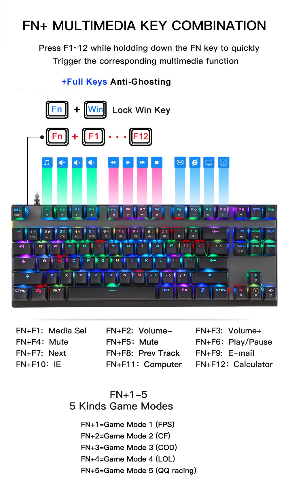 Motospeed CK82 Gaming Mechanical Keyboard RGB Backlight USB Wired 87 Key Red Blue Switch Keypads Anti-Ghosting For PC Laptop Motospeed CK82 Gaming Mechanical Keyboard RGB Backlight USB Wired 87 Key Red Blue Switch Keypads Anti-Ghosting For PC Laptop