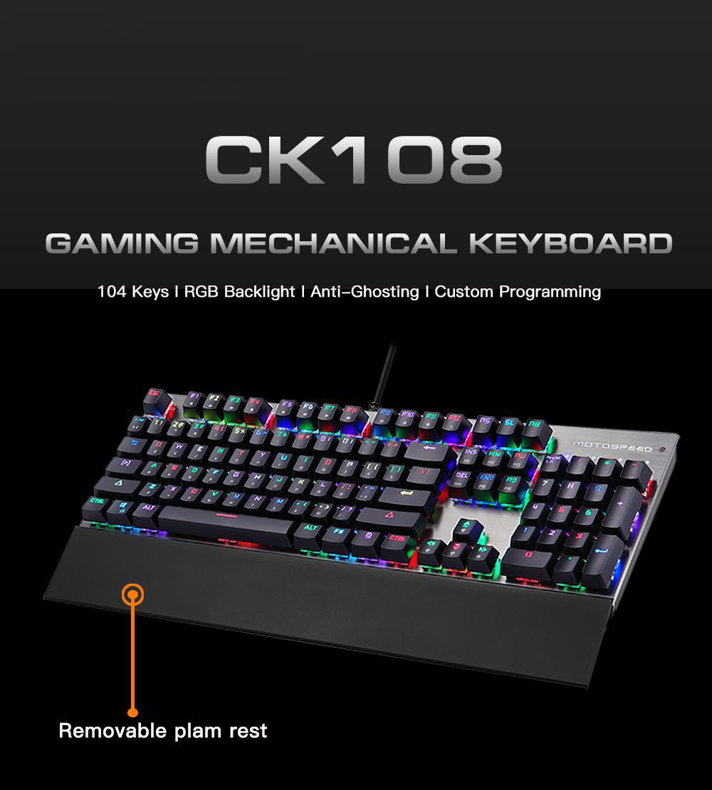 Motospeed CK108 Gaming Office Mechanical Keyboard Wired 104 Keys RGB Backlit Drive Programming Russian English Black Blue Switch Motospeed CK108 Gaming Office Mechanical Keyboard Wired 104 Keys RGB Backlit Drive Programming Russian English Black Blue Switch