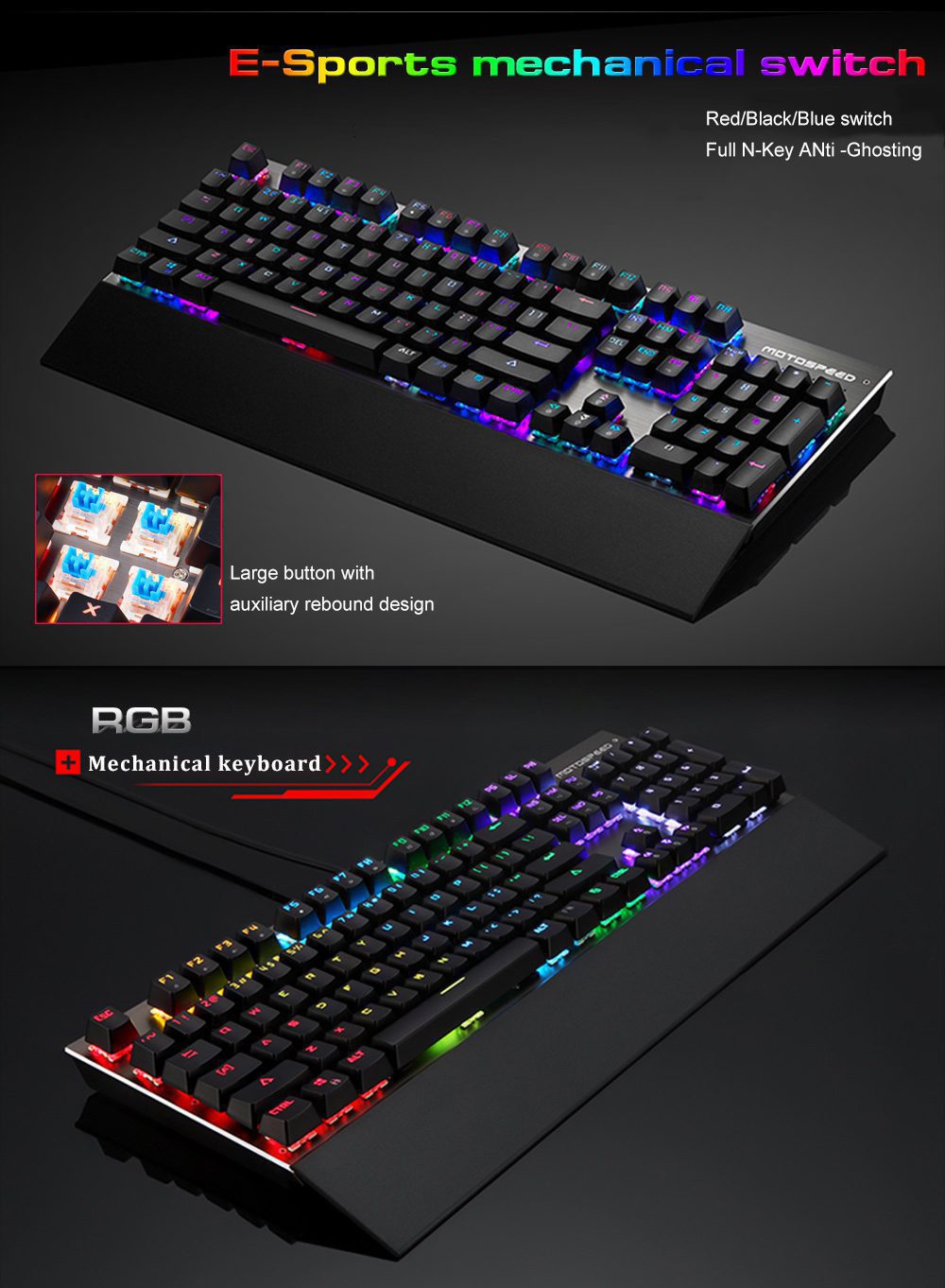 Motospeed CK108 Gaming Office Mechanical Keyboard Wired 104 Keys RGB Backlit Drive Programming Russian English Black Blue Switch Motospeed CK108 Gaming Office Mechanical Keyboard Wired 104 Keys RGB Backlit Drive Programming Russian English Black Blue Switch