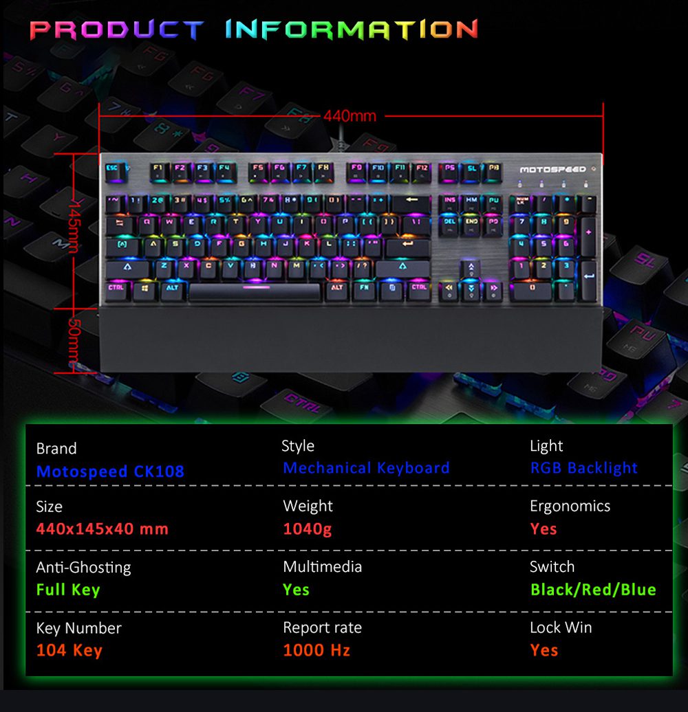 Motospeed CK108 Gaming Office Mechanical Keyboard Wired 104 Keys RGB Backlit Drive Programming Russian English Black Blue Switch Motospeed CK108 Gaming Office Mechanical Keyboard Wired 104 Keys RGB Backlit Drive Programming Russian English Black Blue Switch