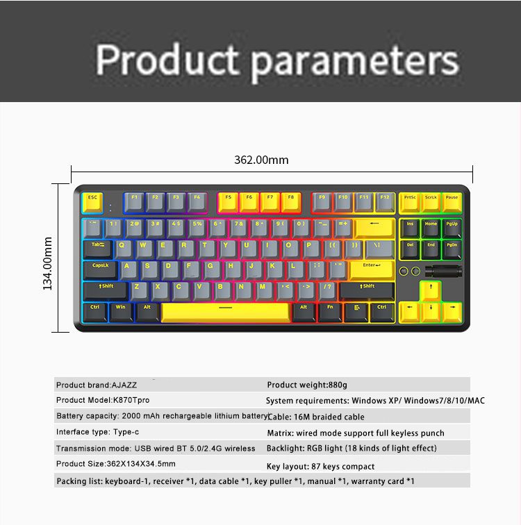AJAZZ New K870T PRO 87 Keys 3 Mode Bluetooth Gaming Mechanical Keyboard RGB Backlit Wireless Keyboards Hot Swappable Ergonomic AJAZZ New K870T PRO 87 Keys 3 Mode Bluetooth Gaming Mechanical Keyboard RGB Backlit Wireless Keyboards Hot Swappable Ergonomic