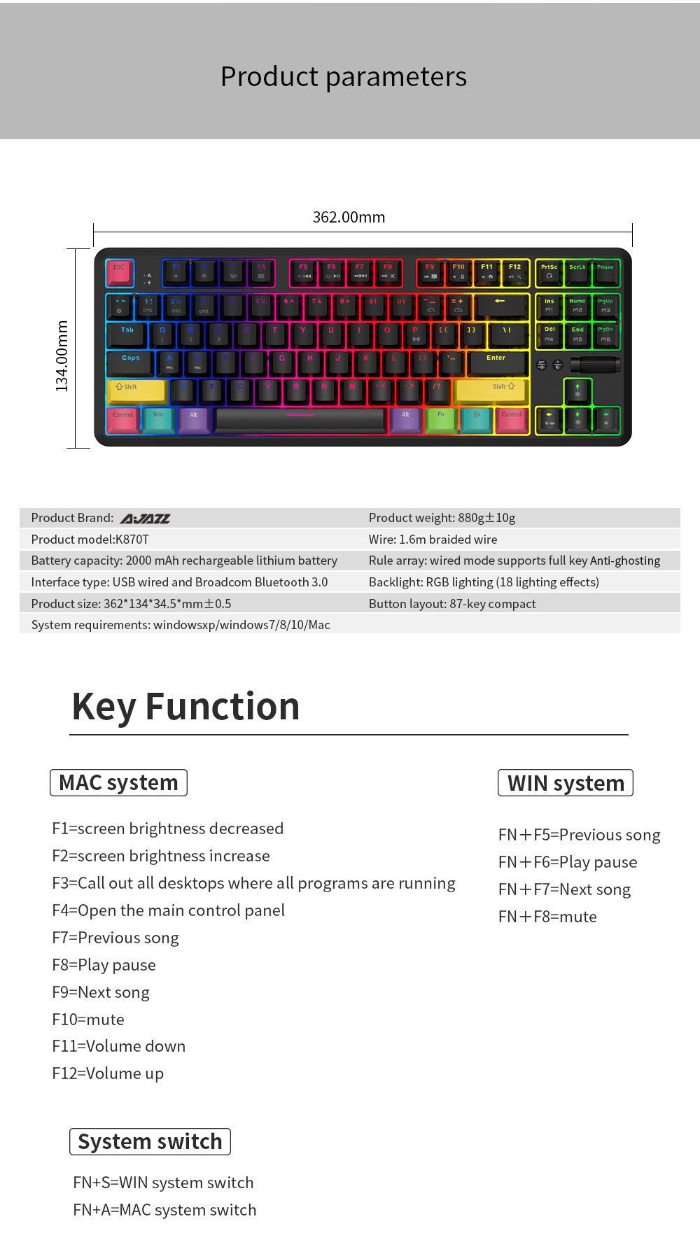 Ajazz K870T Hot Swap Mechanical Keyboard Wireless Bluetooth Dual Mode 87keys RGB Backlit Gaming Keyboard Red Switch For Desktop Ajazz K870T Hot Swap Mechanical Keyboard Wireless Bluetooth Dual Mode 87keys RGB Backlit Gaming Keyboard Red Switch For Desktop