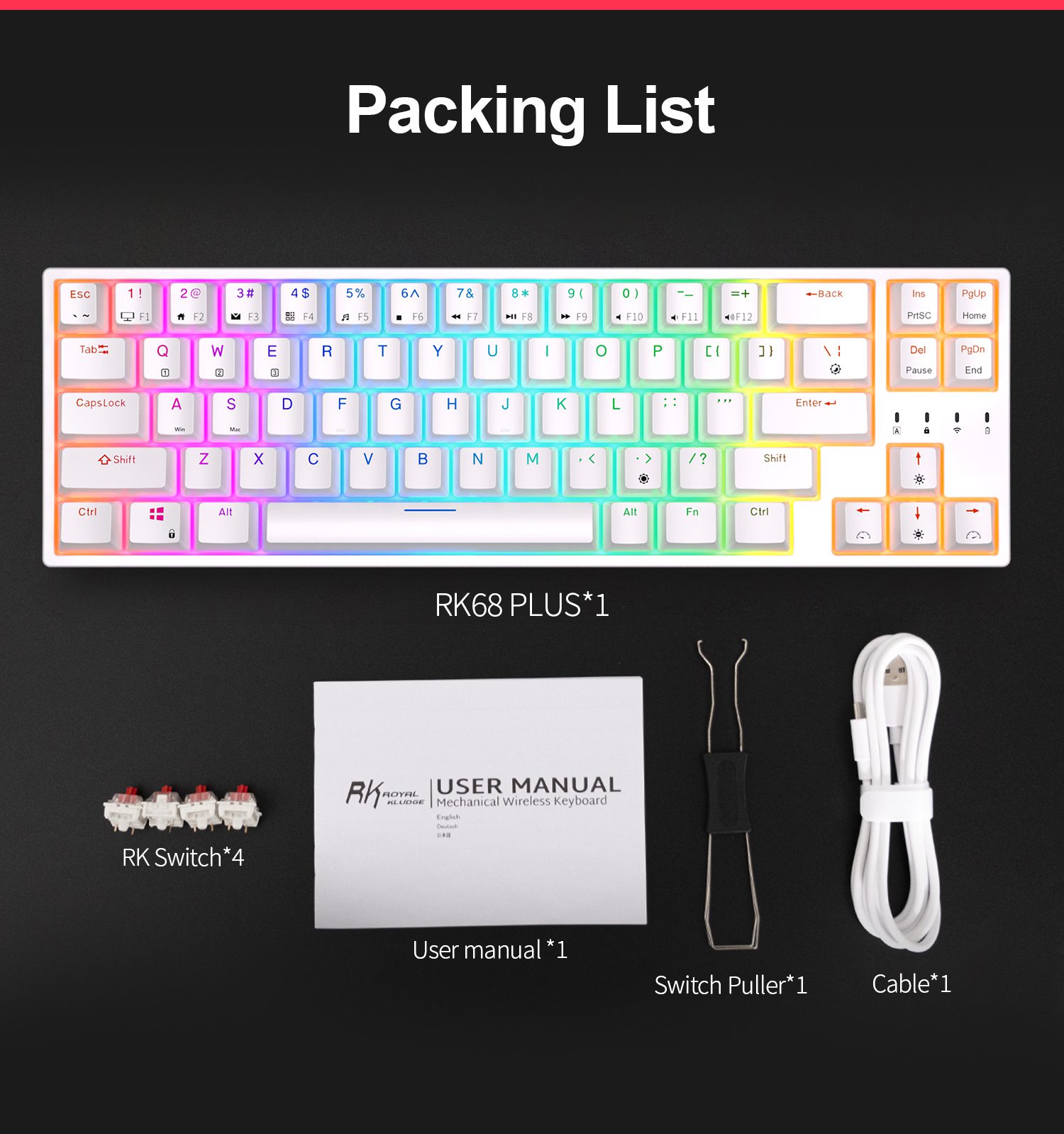 RK68 Plus Royal Kludge Tri-Mode 2.4G Wireless Bluetooth Gaming Mechanical Keyboard for PC Laptop Tab Office with RGB Backlit RK68 Plus Royal Kludge Tri-Mode 2.4G Wireless Bluetooth Gaming Mechanical Keyboard for PC Laptop Tab Office with RGB Backlit