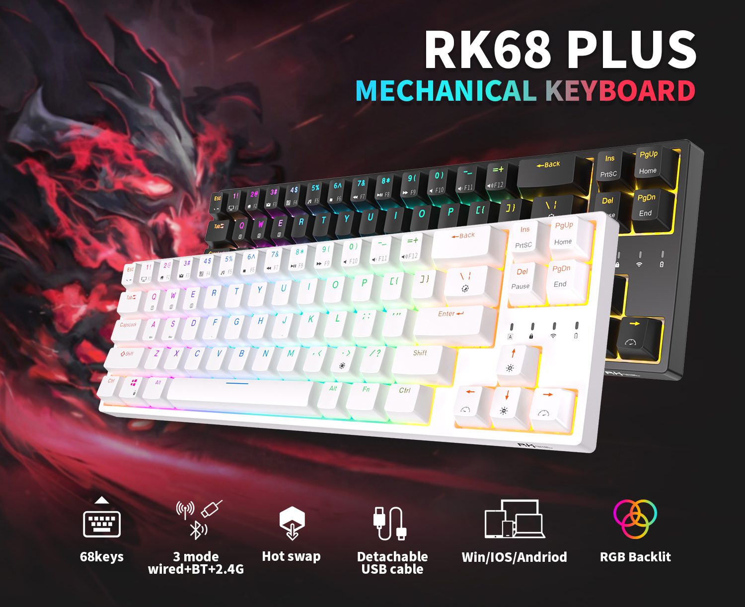 RK68 Plus Royal Kludge Tri-Mode 2.4G Wireless Bluetooth Gaming Mechanical Keyboard for PC Laptop Tab Office with RGB Backlit RK68 Plus Royal Kludge Tri-Mode 2.4G Wireless Bluetooth Gaming Mechanical Keyboard for PC Laptop Tab Office with RGB Backlit