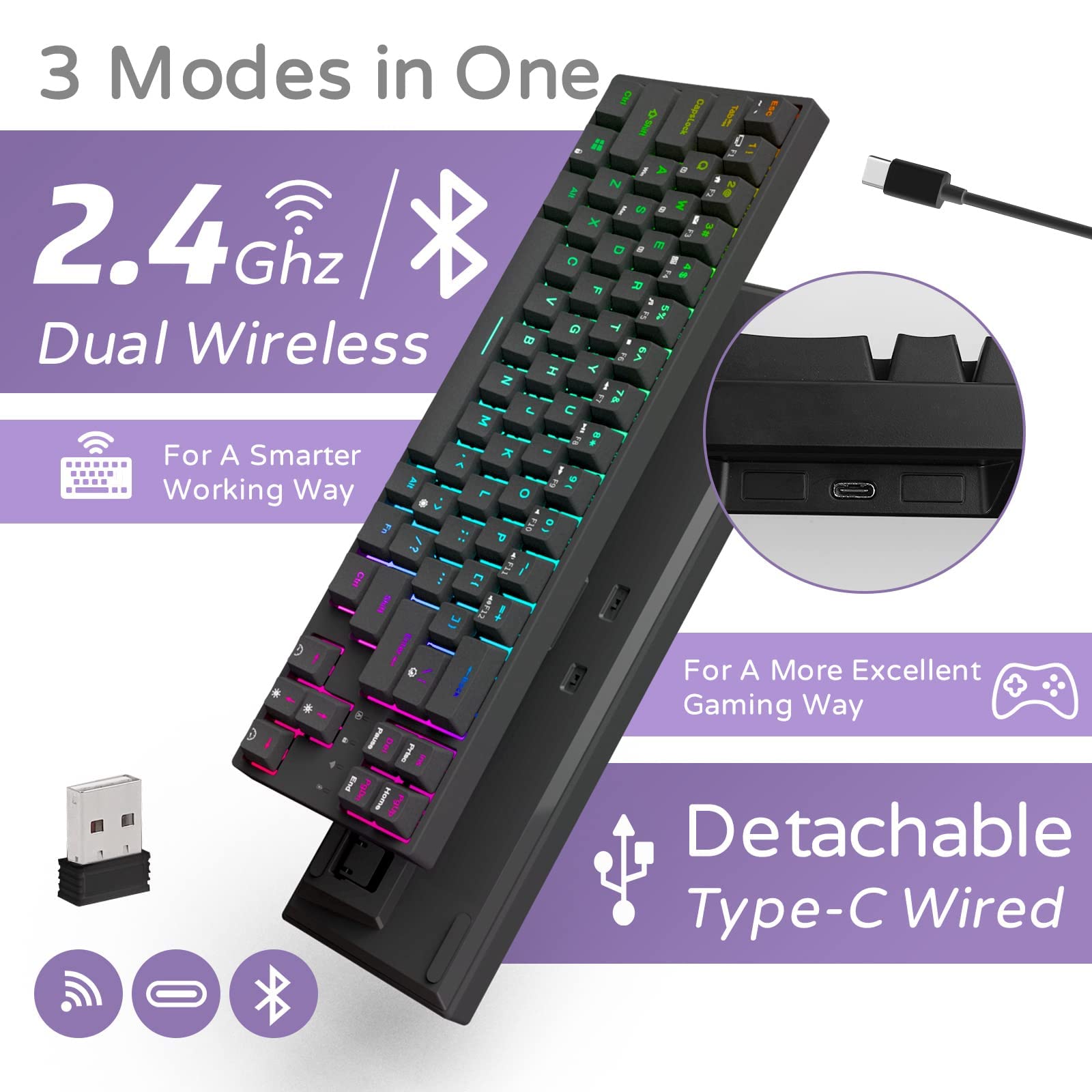 RK871/RK68 Plus 2.4G Wireless Bluetooth Mechanical Keyboard 68 Keys 65% RGB Backlight Hot Swappable Gaming Keyboard Royal Kludge RK871/RK68 Plus 2.4G Wireless Bluetooth Mechanical Keyboard 68 Keys 65% RGB Backlight Hot Swappable Gaming Keyboard Royal Kludge