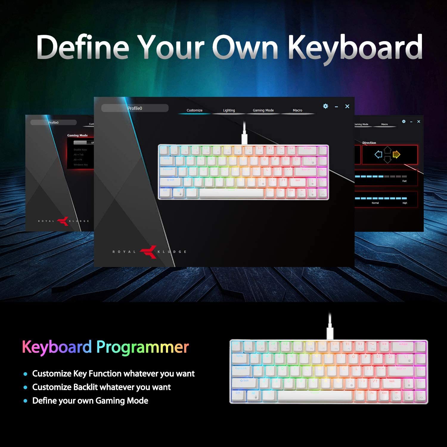 RK ROYAL KLUDGE RKG68 2.4G Wireless Bluetooth 65% Mechanical Keyboard RGB Backlit 68 Keys Hot Swappable Tri-mode Gaming Keyboard RK ROYAL KLUDGE RKG68 2.4G Wireless Bluetooth 65% Mechanical Keyboard RGB Backlit 68 Keys Hot Swappable Tri-mode Gaming Keyboard