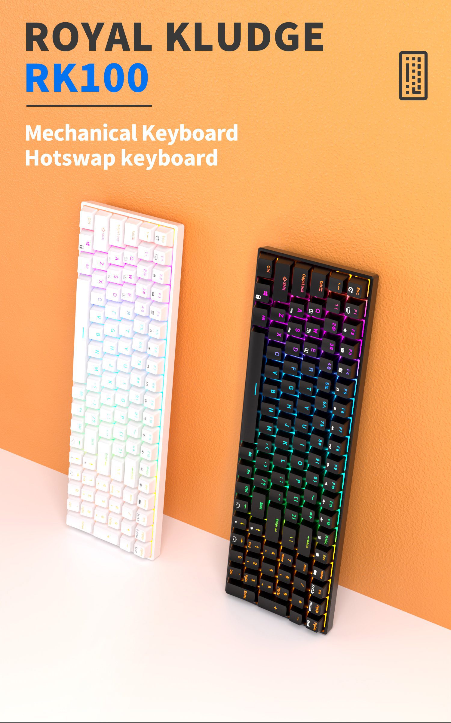 RK ROYAL KLUDGE RK100 2.4G Wireless/Bluetooth/Wired RGB Mechanical Keyboard 100 Keys Hot Swappable Gaming Keyboard for Win/Mac RK ROYAL KLUDGE RK100 2.4G Wireless/Bluetooth/Wired RGB Mechanical Keyboard 100 Keys Hot Swappable Gaming Keyboard for Win/Mac