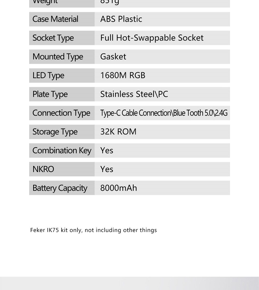 Feker IK75 Pro 3 Mode Wireless 75% Gasket Mechanical Keyboard kit hot swappable switch lighting effects RGB led type c 2.4G BT Feker IK75 Pro 3 Mode Wireless 75% Gasket Mechanical Keyboard kit hot swappable switch lighting effects RGB led type c 2.4G BT