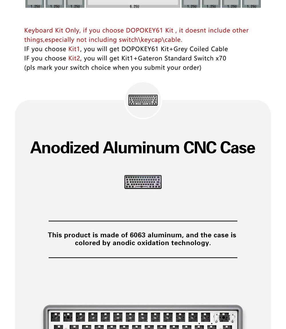 DOPOKEY 61 Mechanical Keyboard Kit 61 key 60% PCB CNC CASE hot swappable switch lighting effects with RGB switch led type c