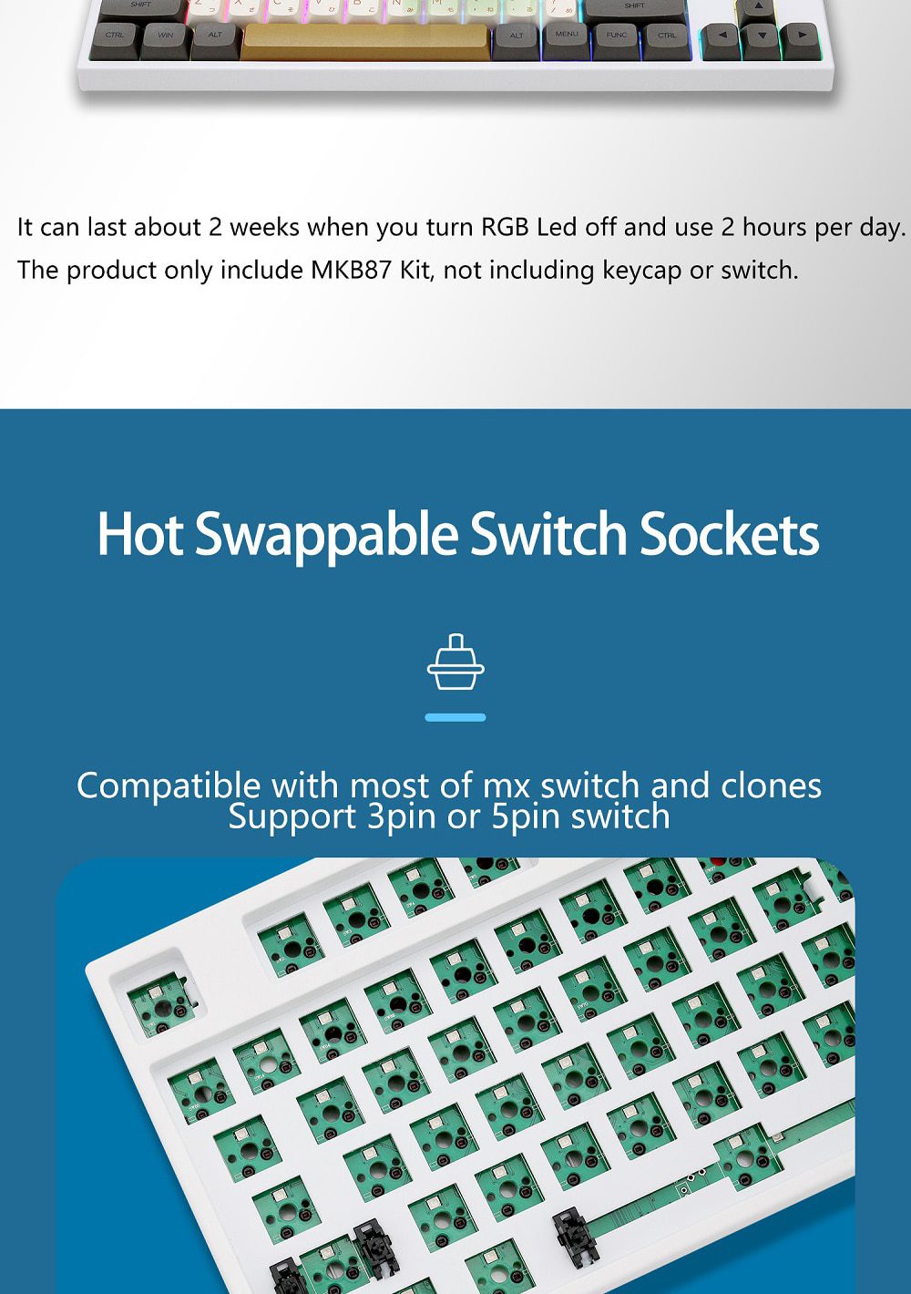 80% MKB87 TKL 87 key dual mode bluetooth White Mechanical Keyboard kit type c hot swappable switch lighting effects RGB switch