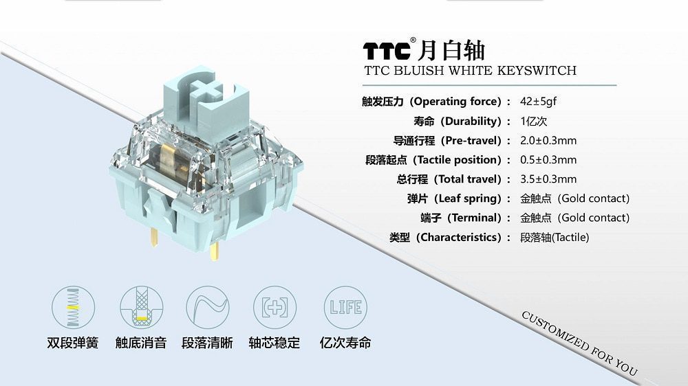 TTC Bluish White 42g Switch Tactile Switches For Mechanical Keyboard MX Series 3 Pins smd rgb light cyan colorway TTC Bluish White 42g Switch Tactile Switches For Mechanical Keyboard MX Series 3 Pins smd rgb light cyan colorway