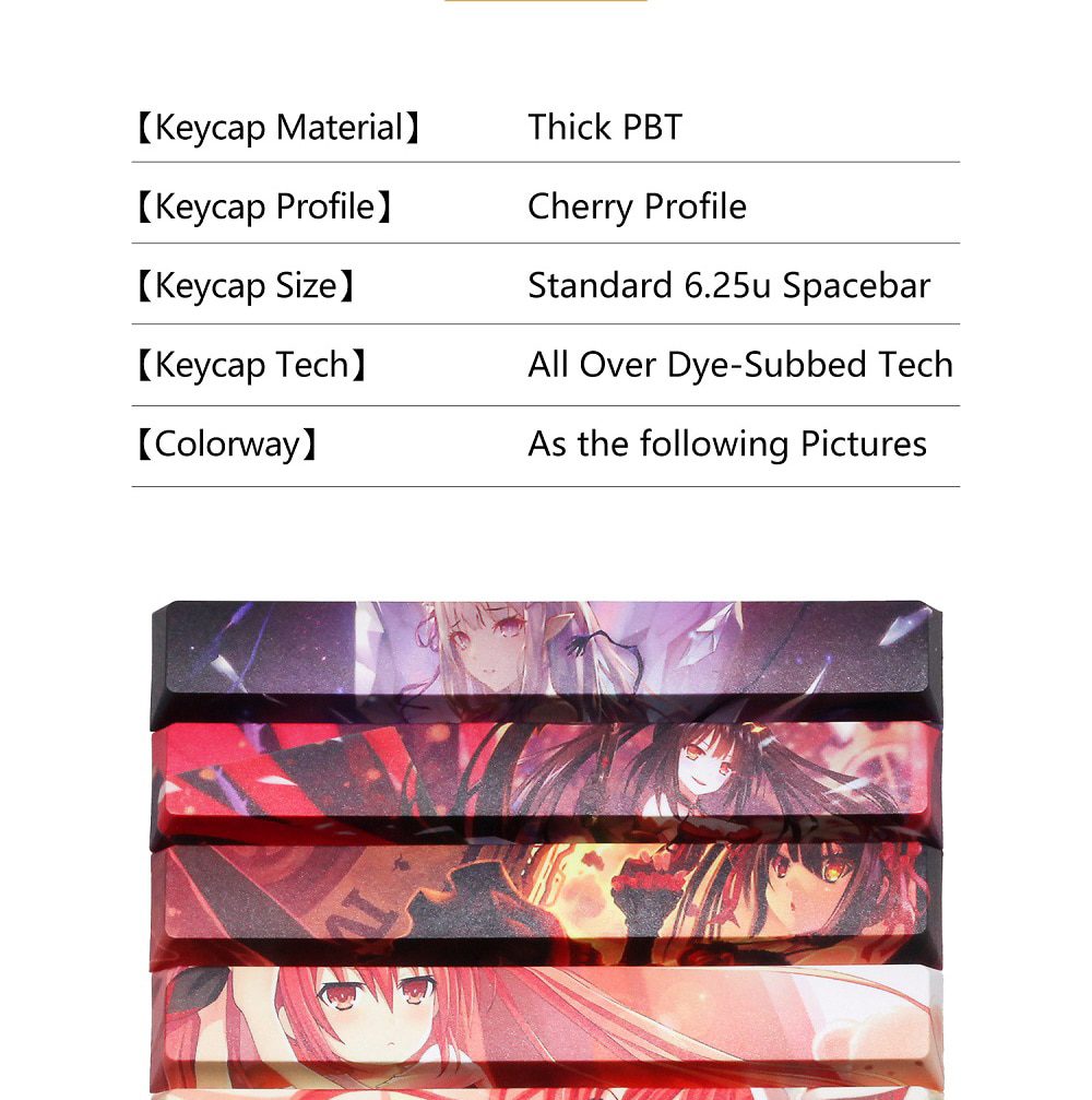 Allover dye subbed Keycap Novelty 6.25u spacebar pbt for keyboard Makise Kurisu Korosensei Emilia Kafuu Chino Tokisaki Kurumi Allover dye subbed Keycap Novelty 6.25u spacebar pbt for keyboard Makise Kurisu Korosensei Emilia Kafuu Chino Tokisaki Kurumi