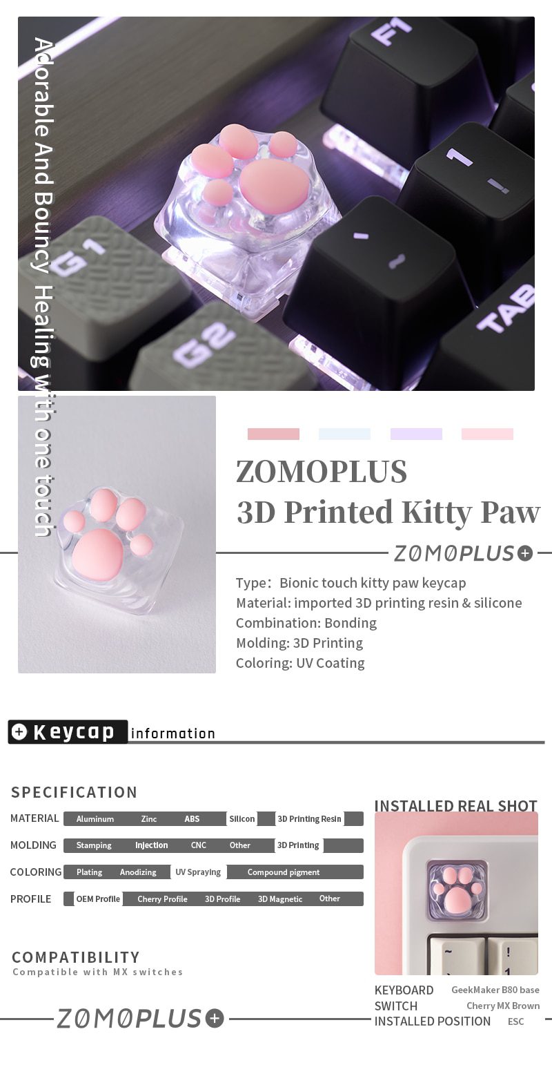 ZOMO PLUS 3D Printed Resin Silicone Transparent Cat Paw Keycap Multi-Color ABS & Silicon Artisan Keycap for Mechanical Keyboard ZOMO PLUS 3D Printed Resin Silicone Transparent Cat Paw Keycap Multi-Color ABS & Silicon Artisan Keycap for Mechanical Keyboard