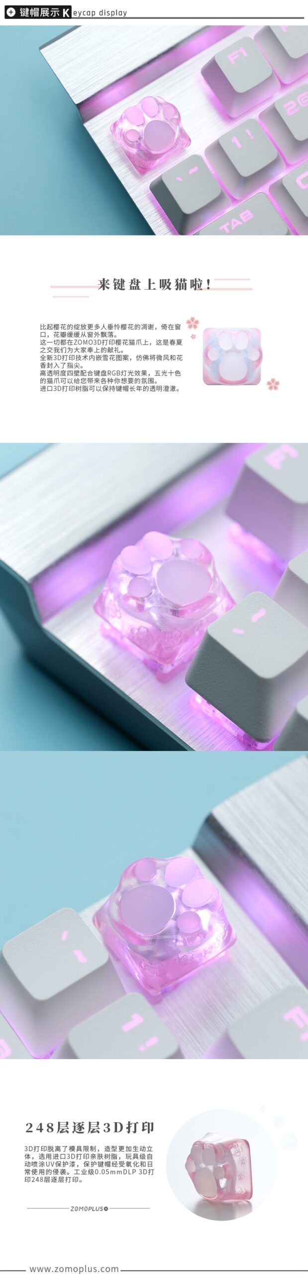 ZOMO PLUS 3D Printed Resin Silicone Cat Paw Keycap ABS & Silicon Artisan Keycap for Mechanical Keyboard Cyan Pink Sakura ZOMO PLUS 3D Printed Resin Silicone Cat Paw Keycap ABS & Silicon Artisan Keycap for Mechanical Keyboard Cyan Pink Sakura