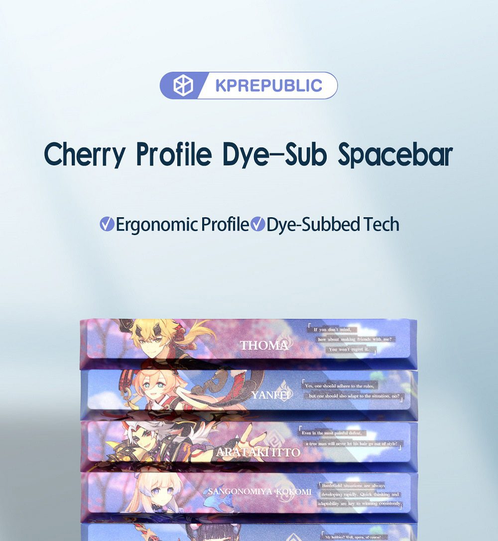Allover dye subbed Keycap Novelty 6.25u spacebar pbt for mechanical keyboard Genshin Impact Diona Jean YanFei YunJin Goroou Allover dye subbed Keycap Novelty 6.25u spacebar pbt for mechanical keyboard Genshin Impact Diona Jean YanFei YunJin Goroou