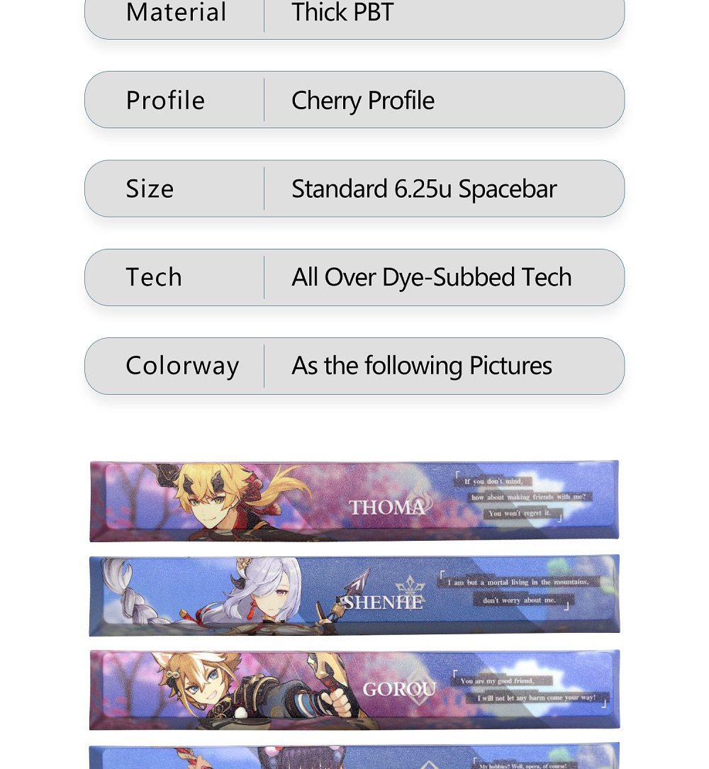 Allover dye subbed Keycap Novelty 6.25u spacebar pbt for mechanical keyboard Genshin Impact Diona Jean YanFei YunJin Goroou Allover dye subbed Keycap Novelty 6.25u spacebar pbt for mechanical keyboard Genshin Impact Diona Jean YanFei YunJin Goroou