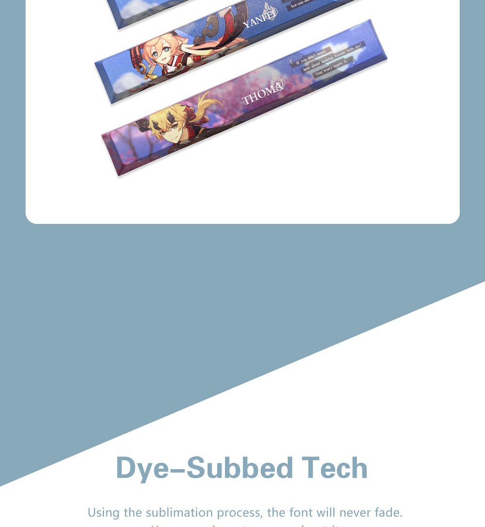 Allover dye subbed Keycap Novelty 6.25u spacebar pbt for mechanical keyboard Genshin Impact Diona Jean YanFei YunJin Goroou Allover dye subbed Keycap Novelty 6.25u spacebar pbt for mechanical keyboard Genshin Impact Diona Jean YanFei YunJin Goroou