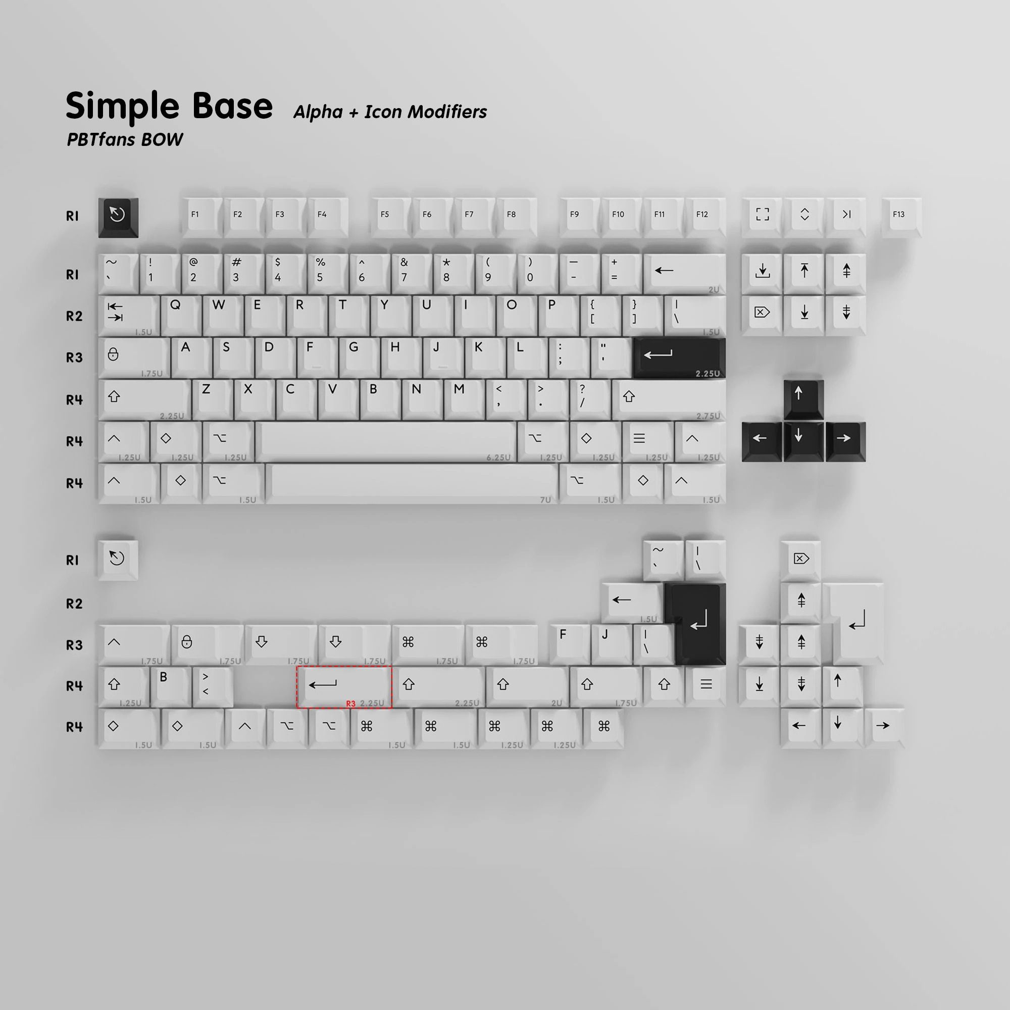 [Base kit] PBTfans™ Doubleshot BOW PBT Material Cherry Profile Keycaps Icon/Text Modifiers /ISO Enter/1.75U Shift/Command key