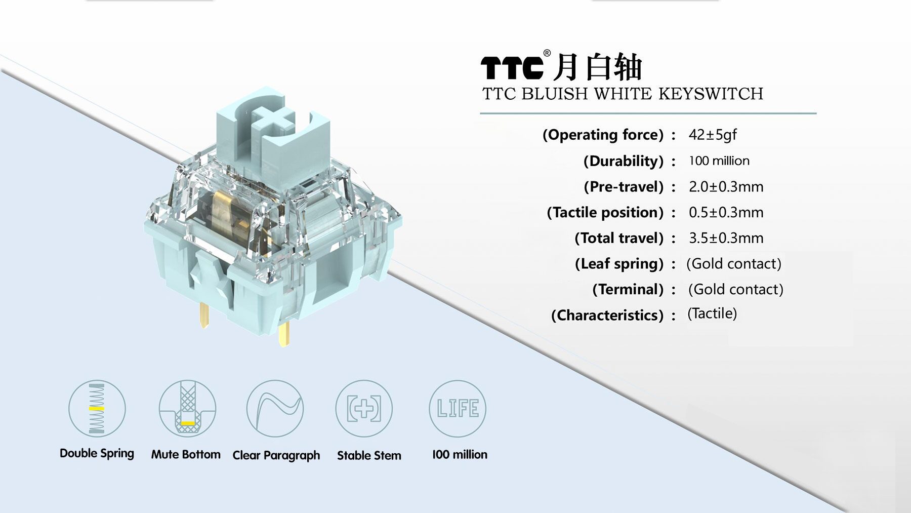 TTC Bluish White Switches 10 pcs Tactile 3Pins MX Style For Mechanical Keyboard