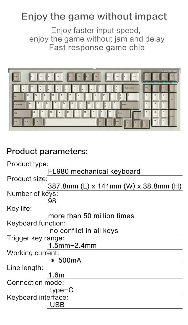 FL·ESPORTS FL980 98-Key Mechanical Keyboard Single-Mode Wired Six-Key Hot-Swappable Version Game Office Dedicated FL·ESPORTS FL980 98-Key Mechanical Keyboard Single-Mode Wired Six-Key Hot-Swappable Version Game Office Dedicated