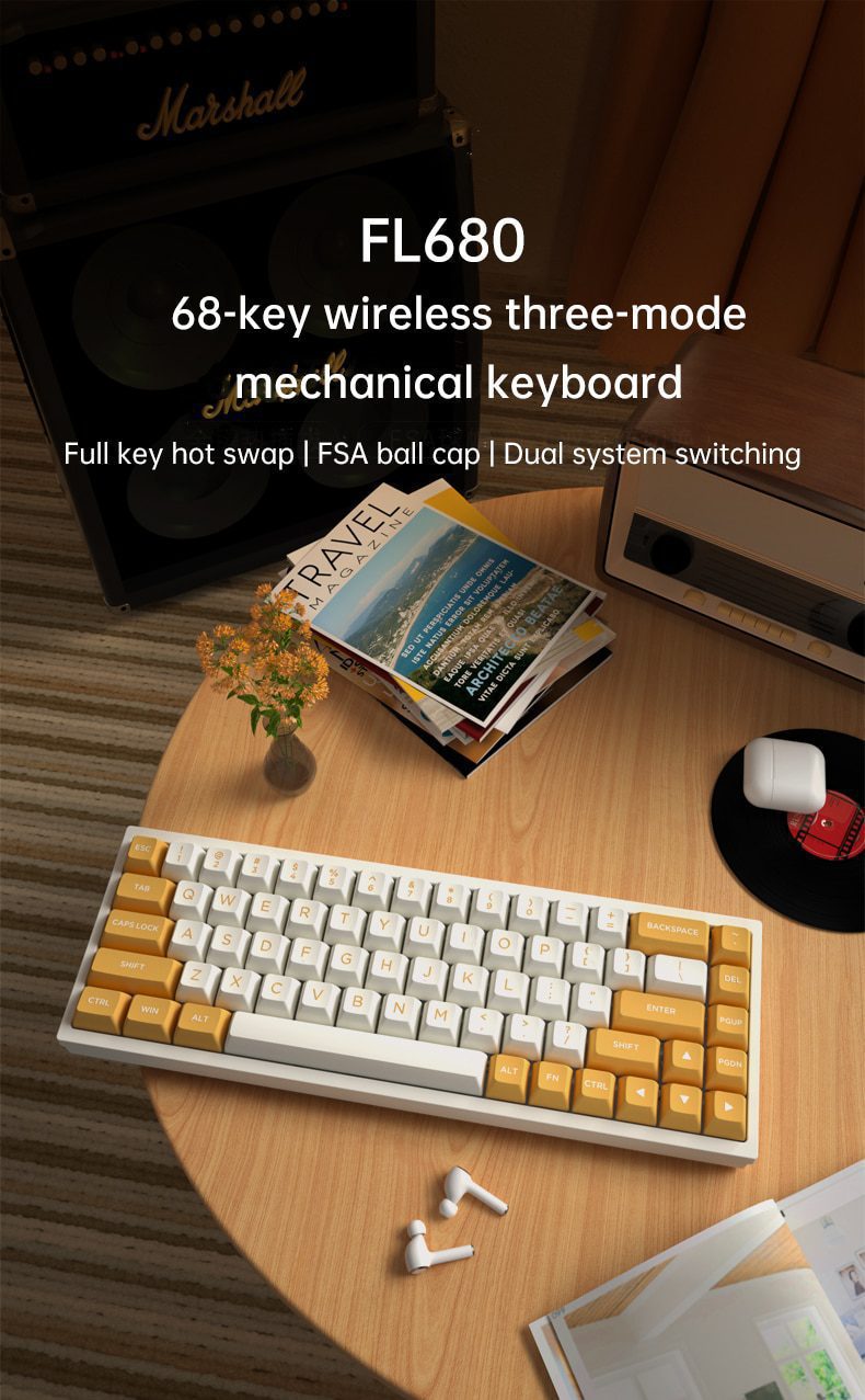 FL·ESPORTS FL680 Three-Mode Mechanical Keyboard 68 Keys RGB Hot-Swappable 2.4G Wireless Bluetooth Wired Win/Mac/iPad