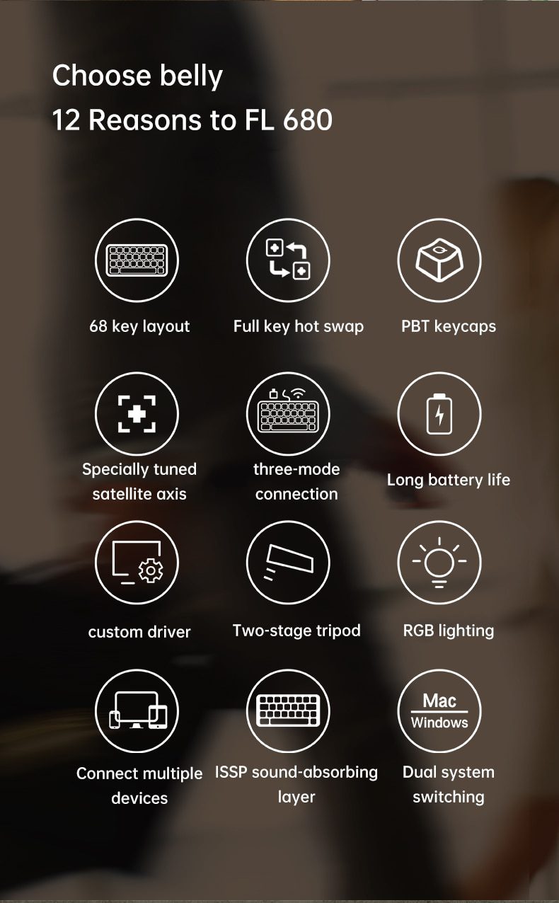 FL·ESPORTS FL680 Three-Mode Mechanical Keyboard 68 Keys RGB Hot-Swappable 2.4G Wireless Bluetooth Wired Win/Mac/iPad