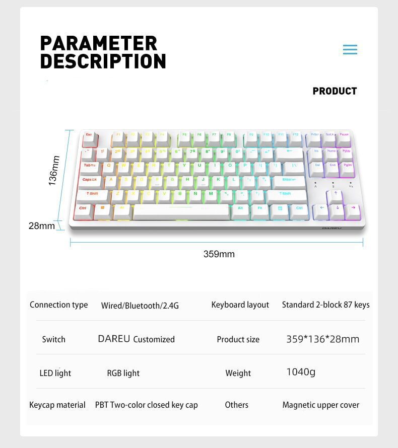 Dareu A87 Tri-mode Connection 100% Hotswap RGB LED Backlit Mechanical Gaming Keyboard With Customized Violet Gold or Sky Switch Dareu A87 Tri-mode Connection 100% Hotswap RGB LED Backlit Mechanical Gaming Keyboard With Customized Violet Gold or Sky Switch