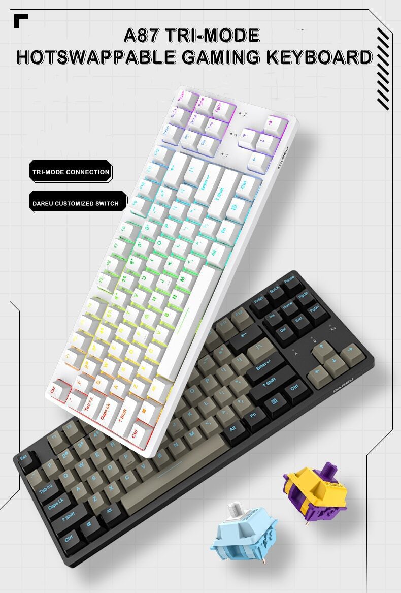 Dareu A87 Tri-mode Connection 100% Hotswap RGB LED Backlit Mechanical Gaming Keyboard With Customized Violet Gold or Sky Switch DAREU A87 Pro