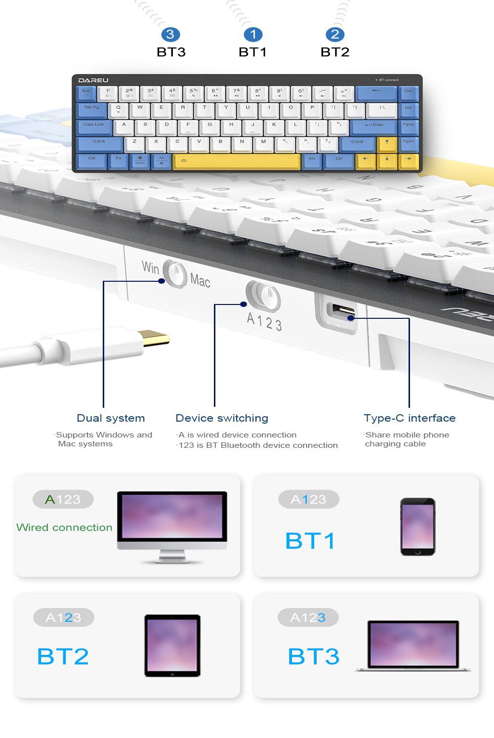 DAREU 68 Keys Mechanical Keyboard Mini Portable 60% Dual-mode KB Wired Bluetooth 5.1 Ergonomic Low Profile Keyboards for Office DAREU 68 Keys Mechanical Keyboard Mini Portable 60% Dual-mode KB Wired Bluetooth 5.1 Ergonomic Low Profile Keyboards for Office